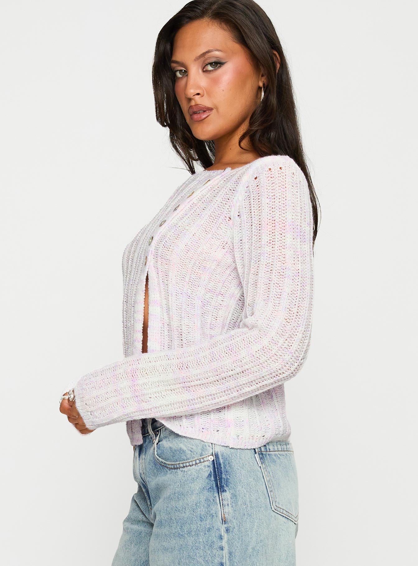 side view of model wearing Princess Polly Lenker Knit Jumper Lilac Cropped 