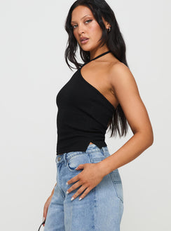 side view of model wearing Princess Polly Baseline Halter Rib Top Black Sleeveless 