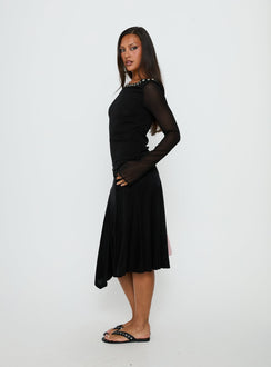   side view of model wearing Princess Polly Joaney Tie Side Jersey Midi Skirt Black Midi Skirts 