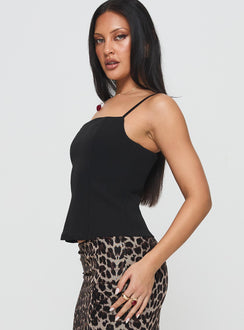 side view of model wearing Princess Polly Young Forever Top Black Sleeveless Scoop Neck 