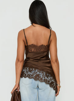 Cleosa Asymmetrical Lace Trim Satin Top Chocolate