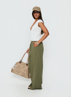 side view of model wearing Princess Polly Lunea Concealed Waistband Pants Khaki Low Rise Pants 