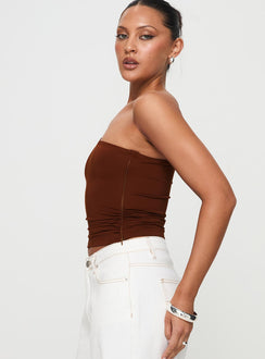 side view of model wearing Princess Polly Anwen Top Brown Sleeveless Asymmetric Neckline 