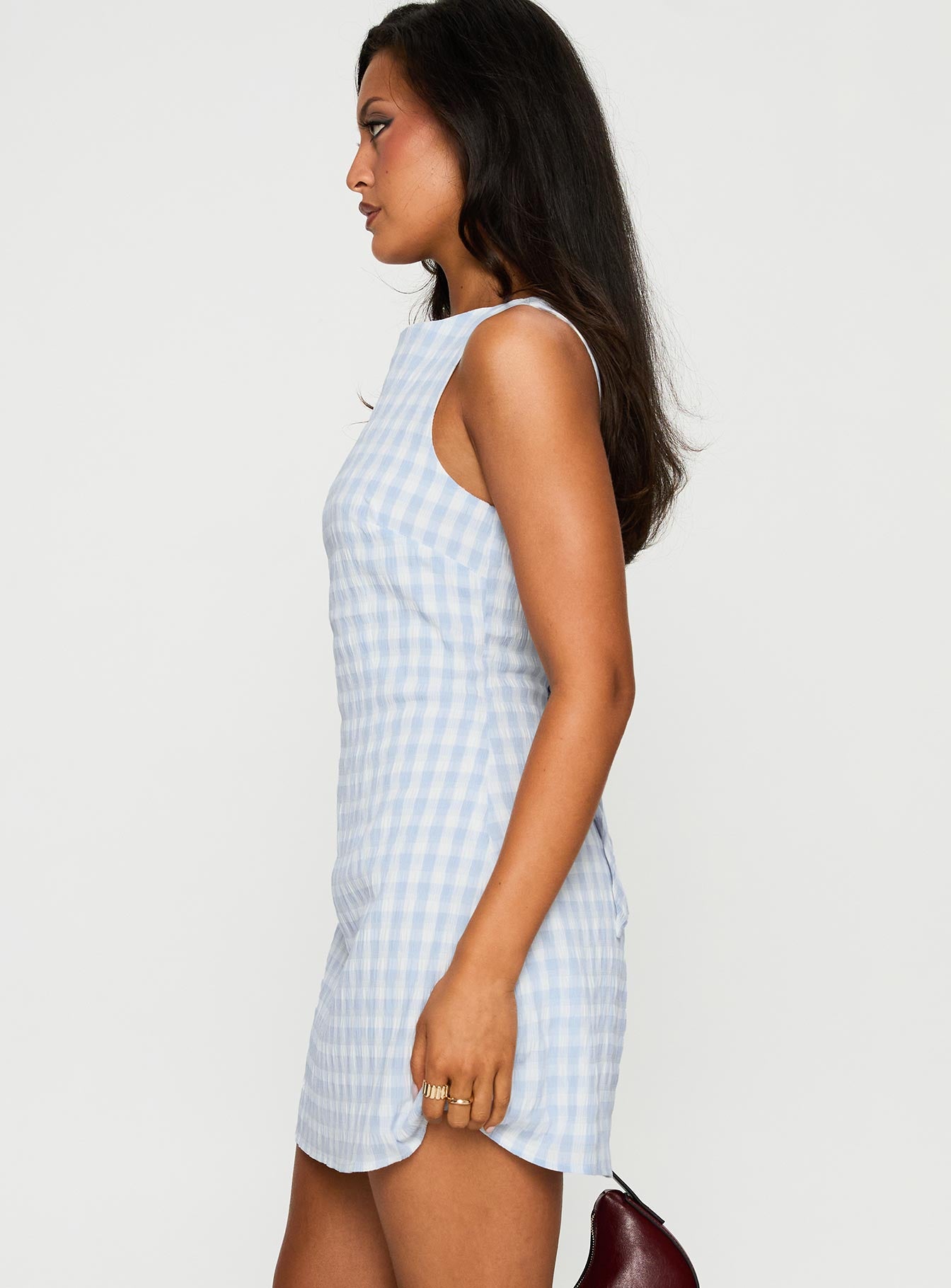 side view of model wearing Princess Polly Alfalfa Mini Dress Blue Check Crew Neck 