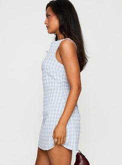 side view of model wearing Princess Polly Alfalfa Mini Dress Blue Check Crew Neck 