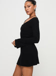 side view of model wearing Princess Polly Best Interest Long Sleeve Mini Dress Black Petite Scoop Neck 