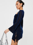 side view of model wearing Princess Polly Donelli Long Sleeve Mini Dress Navy Lower Impact Sweetheart Neckline 