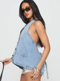side view of model wearing Princess Polly Hills Halter Washed Blue Sleeveless V-Neck 
