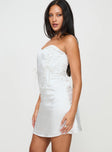 side view of model wearing Princess Polly Lorah Corset Mini Dress White Sweetheart Neckline 