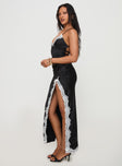 side view of model wearing Princess Polly Elwen Lace Maxi Dress Black V-Neck 