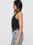 side view of model wearing Princess Polly Stand By Halter Top Black Sleeveless V-Neck 