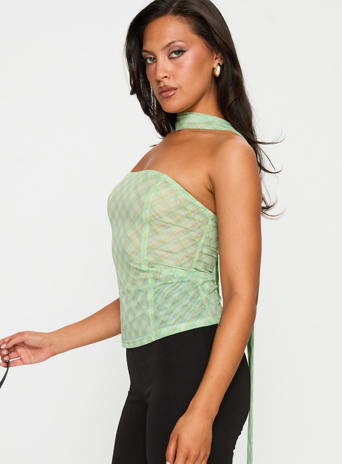 side view of model wearing Princess Polly No Comparison Neck Tie Strapless Top Green Check Sleeveless straight 
