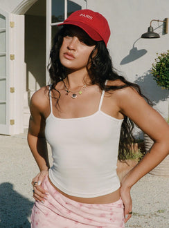 front view of model wearing Princess Polly Baseline Rib Top White Sleeveless Square Neck 