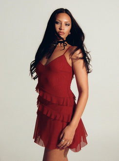side view of model wearing Princess Polly Meliodas Ruffle Mini Dress Red V-Neck 