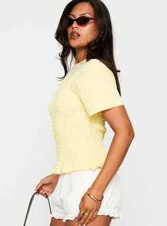 side view of model wearing Princess Polly Maybe Tomorrow Ruched Top Lemon Short Sleeves Crew Neck 