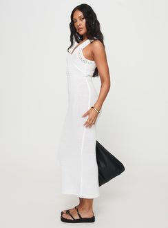 side view of model wearing Princess Polly Nyman Maxi Dress White V-Neck 