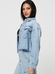 Cropped mid wash denim jacket Classic collar, button fastening at front, twin chest pockets, single button cuff