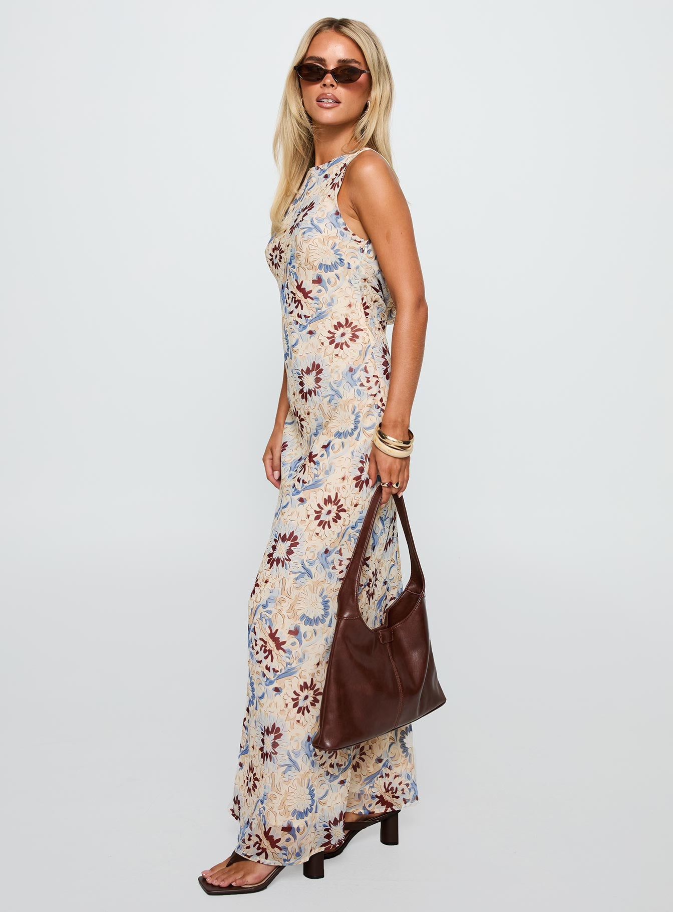 side view of model wearing Princess Polly Roam Free Maxi Dress Multi Crew Neck 