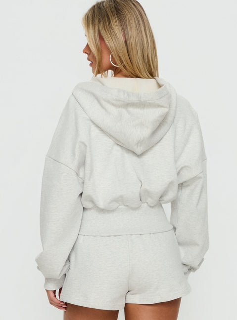 back view of model wearing Princess Polly Daytime Cropped Blouson Hoodie Snow Marle 