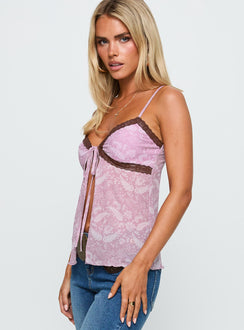 side view of model wearing Princess Polly Sacrifices Tie Detail Top Multi Floral Sleeveless Sweetheart 