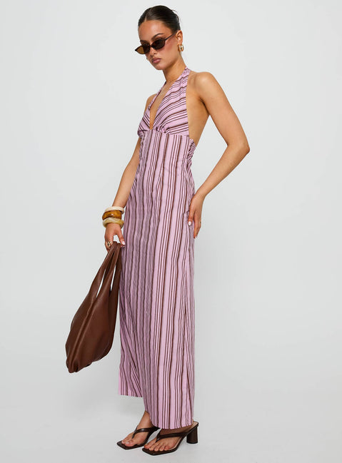 side view of model wearing Princess Polly Avrie Halter Maxi Dress Pink / Brown Stripe Plunger 