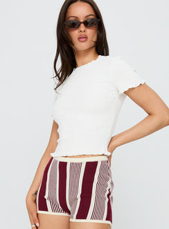 side view of model wearing Princess Polly Palm Reader Shirred Top White Short Sleeves Crew Neck 