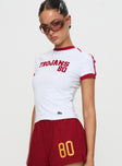 back view of model wearing Princess Polly USC Goalie Baby Tee White Short Sleeves Crew Neck 