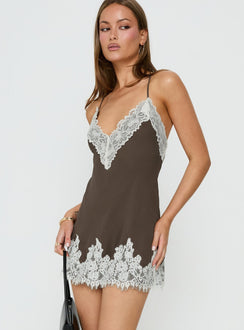 Call My Lover Spitzen-Slip-Minikleid Braun / Creme