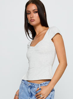 side view of model wearing Princess Polly Rehna Short Sleeve Top Grey Marle Short Sleeves Sweetheart 