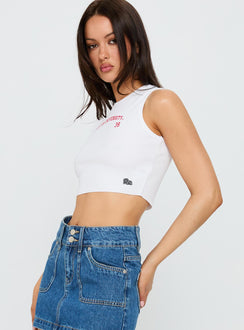 side view of model wearing Princess Polly Boston University Cutoff Tank Top White Sleeveless Crew Neck 