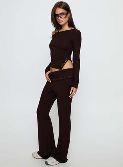 side view of model wearing Princess Polly Wynna Eyelet Foldover Pants Chocolate Low Rise Pants 