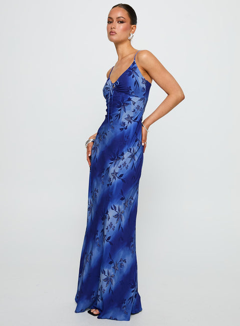 side view of model wearing Princess Polly Lauraline Maxi Dress Blue V-Neck 