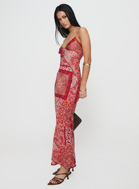 side view of model wearing Princess Polly Sugar Plum Maxi Dress Red Paisley V-Neck 