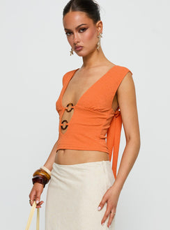 side view of model wearing Princess Polly Steward Top Orange Sleeveless Plunger 