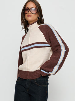 side view of model wearing Princess Polly Lexanne Zip Through Knit Jumper Cream Multi regular 