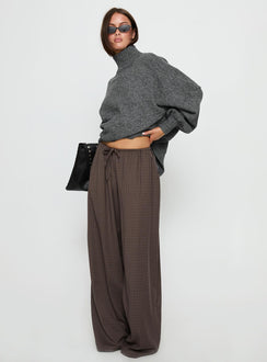side view of model wearing Princess Polly Bungala Oversized Relaxed Pant Brown Check Mid Rise Pants 