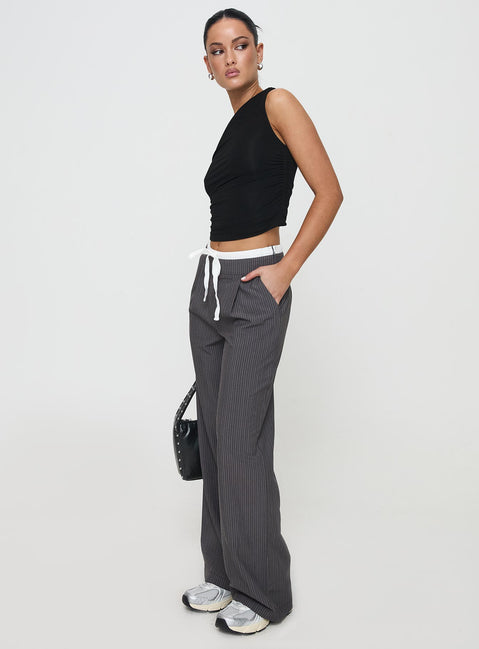 side view of model wearing Princess Polly Auclaire Pinstripe Pant Charcoal High Waisted Pants 