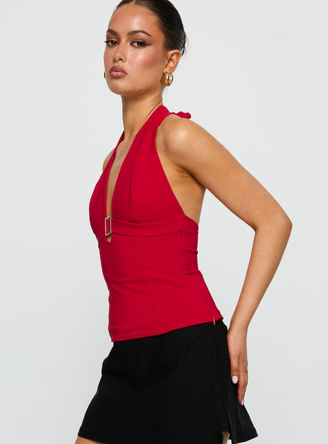side view of model wearing Princess Polly In Your Life Halter Top Red Sleeveless Plunger 