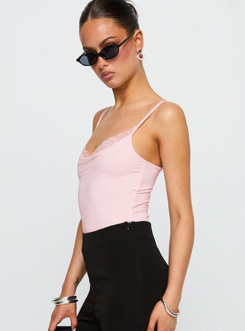 side view of model wearing Princess Polly Aetherial Lace Detail Bodysuit Pink Sleeveless 