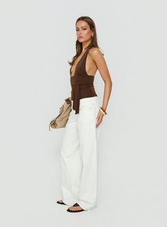 Crafted from Tidal Wave Low Rise Straight Leg Jeans Cream in womens-jeans with low-rise waist side view of model wearing Princess Polly