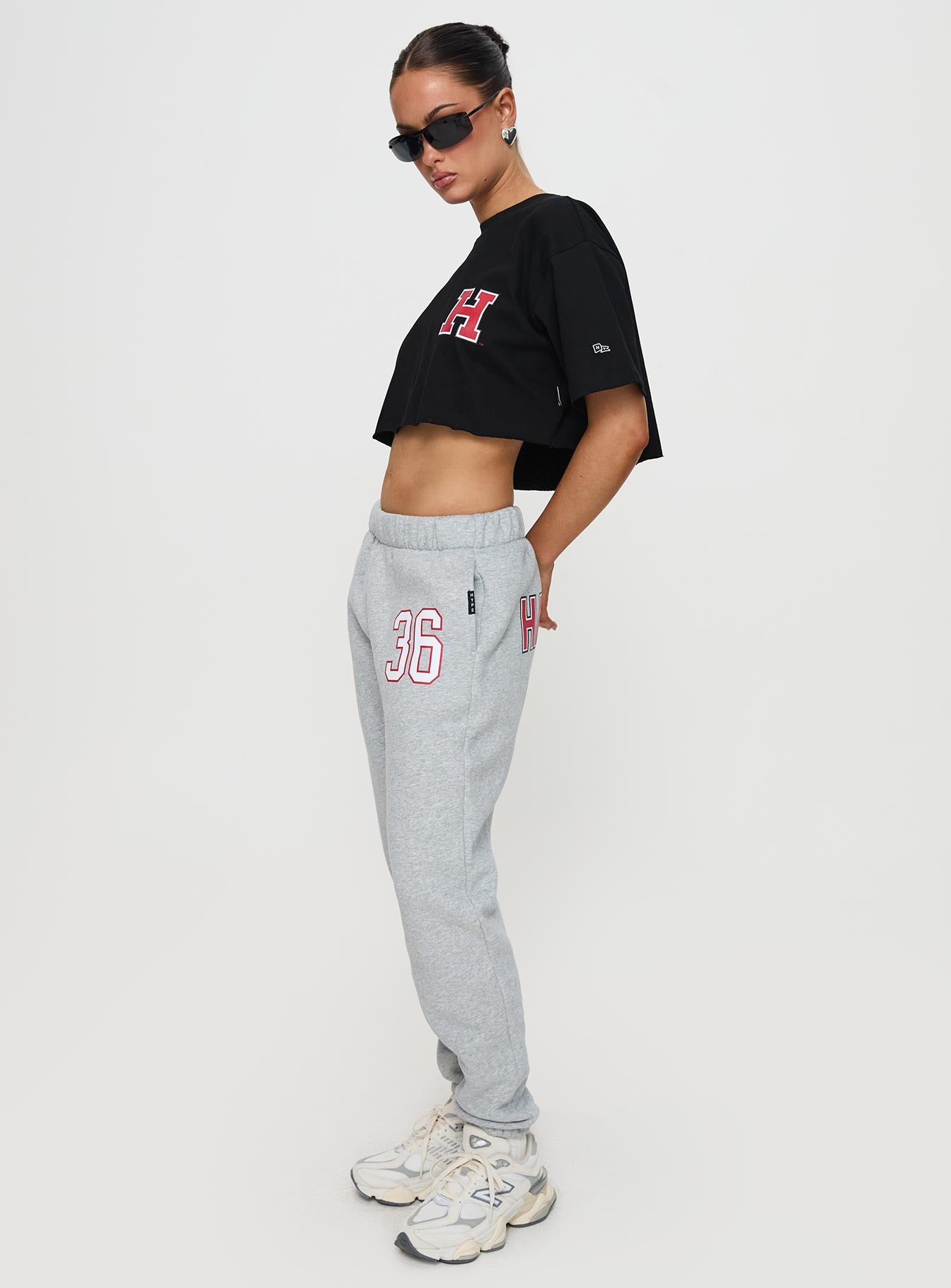 side view of model wearing Princess Polly Harvard Sweatpants Grey 
