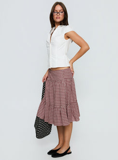  side view of model wearing Princess Polly Cascades Low Rise Midi Skirt Red Check Midi Skirts 
