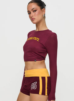 side view of model wearing Princess Polly ASU Bring It Back Top Maroon Full Sleeves Crew Neck 