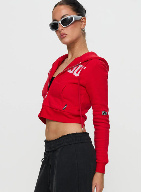 side view of model wearing Princess Polly BU MIA Zip Sweater Red cropped 