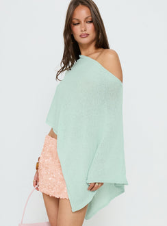 side view of model wearing Princess Polly Rouse Off Shoulder Knit Poncho Jelly Mint Longline Jumpers 