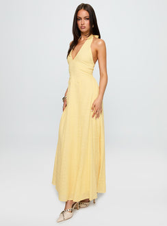 side view of model wearing Princess Polly Summer State Halter Maxi Dress Yellow Plunger 