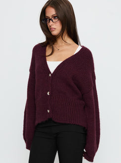 side view of model wearing Princess Polly Yasmyn Knit Cardigan Burgundy 