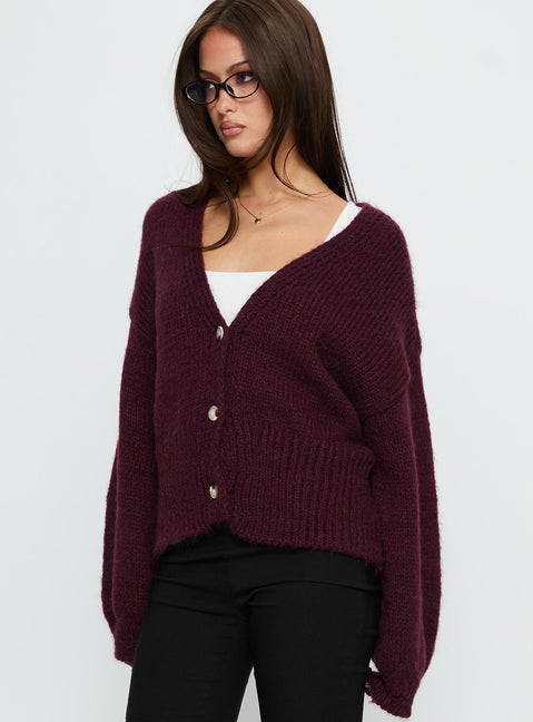 side view of model wearing Princess Polly Yasmyn Knit Cardigan Burgundy 