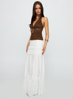   side view of model wearing Princess Polly Emanuella Lace Maxi Skirt White Maxi 