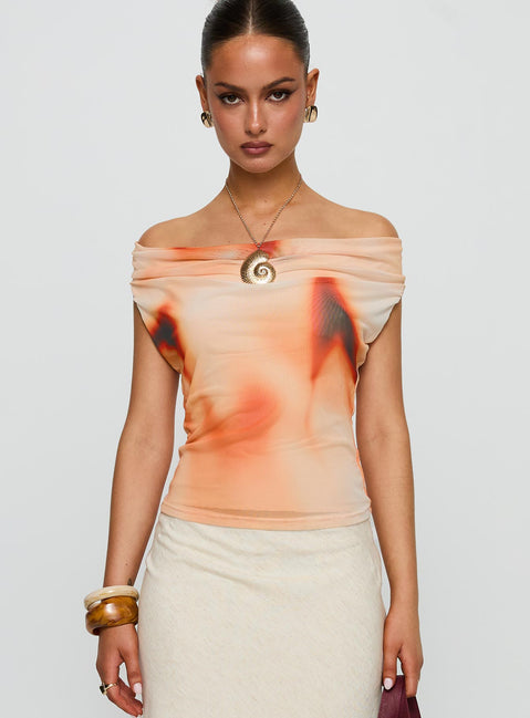 front view of model wearing Princess Polly Do It Again Cowl Neck Top Orange Multi Sleeveless Cowl 